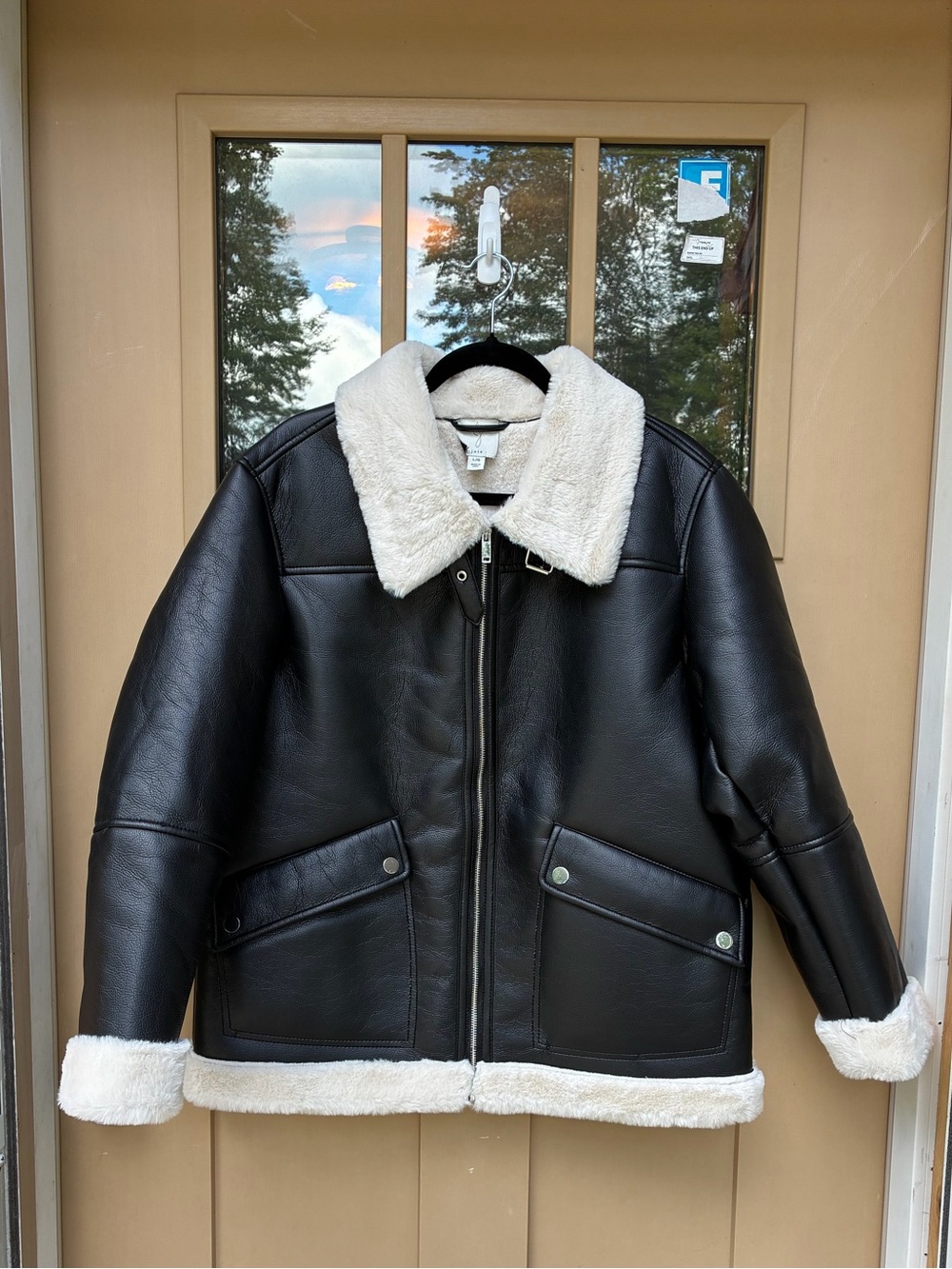 Joie Aviator Bomber Faux Leather Coat Faux Fur Trim Women's Large